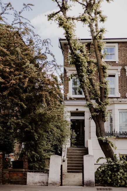 A row of terraced houses with dark brick facades and white window frames on a cobbled street in Ladbroke Grove, during daytime with clear weather. The houses feature external staircases with black met