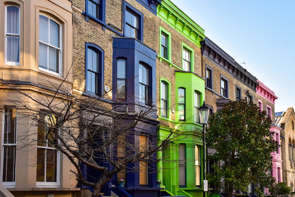 The image shows a row of terraced houses with distinctive Victorian-style facades on a sunlit street, featuring colorful exteriors painted in shades of blue and red. The red house in the foreground has a stone staircase with a black wrought iron railing leading up to a wooden front door. Two rectangular white planter boxes with green plants sit on the red porch. The blue houses, located further along the street, have bay windows with white frames and decorative cornices. A clear blue sky and some greenery from trees are visible in the background. The pavement is clean, and there are no visible vehicles or moving equipment present, indicating a quiet residential area. The scene reflects a typical urban setting suitable for home relocation or furniture transport processes, with the architecture and street details aligning with house removals and packing services offered by Removals Notting Hill.
